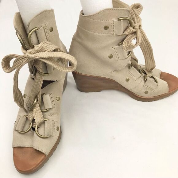 Sorel AFTER HOURS Lace Up Wedge Heel Casual Ankle Bootie Sandal in Oatmeal - Picture 4 of 16